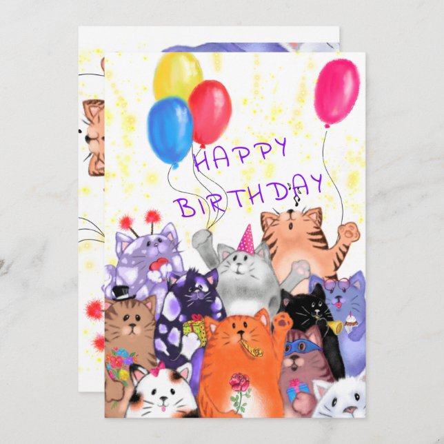 Happy Birthday Card Happy Cat Party Celebration (Vorne/Hinten)