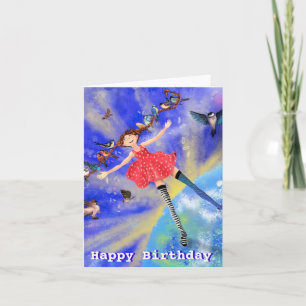 Happy Birthday Card - Happy Girl with Birds Karte