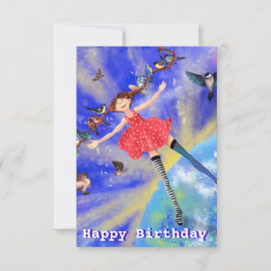 Happy Birthday Card - Happy Girl with Birds Karte