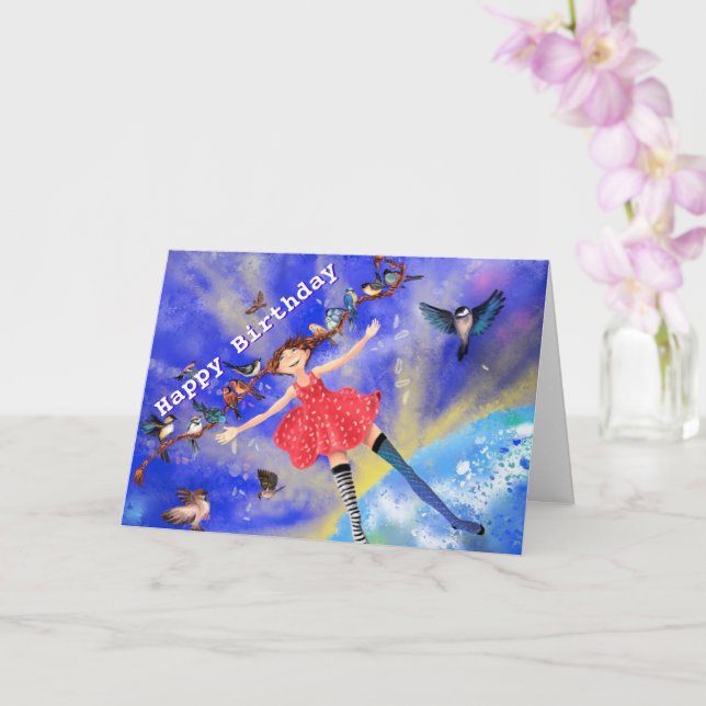 Happy Birthday Card Happy Girl with Birds Karte (Orchidee)
