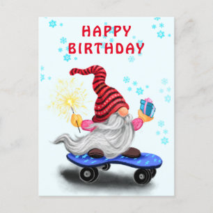 Happy Birthday Card Happy Skater Gnome mit Geschen Postkarte