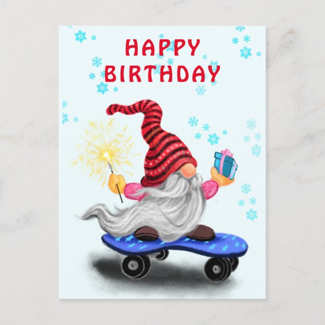 Happy Birthday Card Happy Skater Gnome mit Geschen Postkarte (Vorderseite)