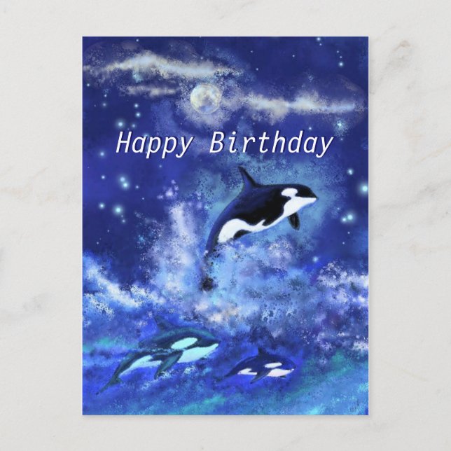 Happy Birthday Card Killer Wale auf Vollmond Postkarte (Vorderseite)