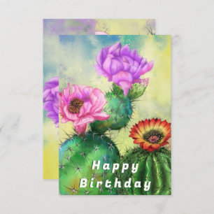 Happy Birthday Card Lila Pink Red Cactus Blume