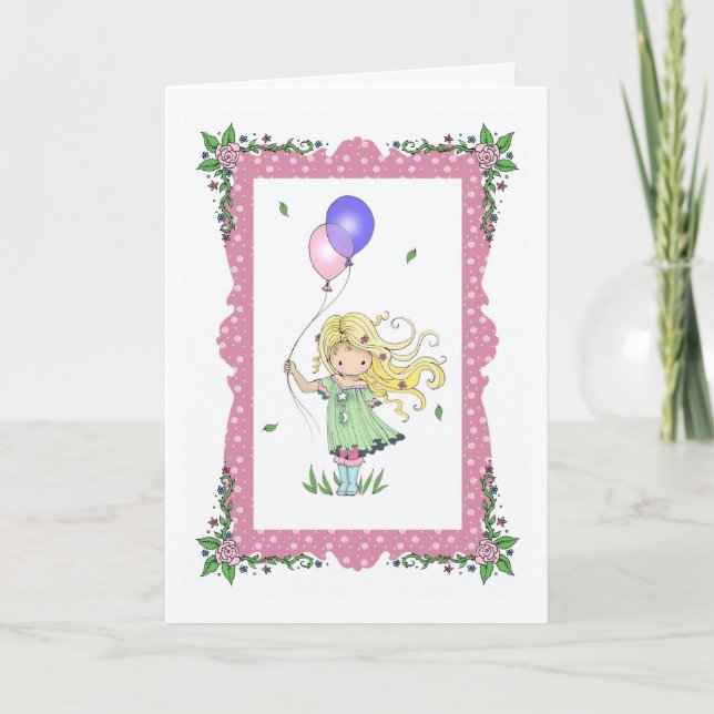 Happy Birthday Card Little Girl Holding Ballons Karte (Vorderseite)