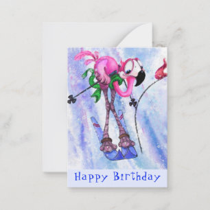 Happy Birthday Card mit Funny Pink Flamingo Skier Mitteilungskarte
