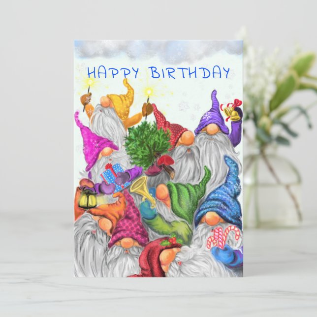 Happy Birthday Card mit Gnome Party (Stehend Vorderseite)