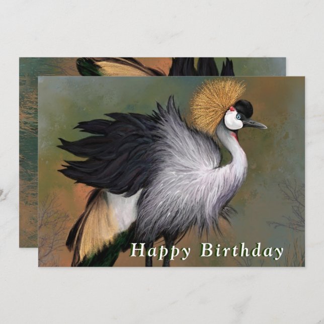 Happy Birthday Card mit grauem Kranvogel (Vorne/Hinten)