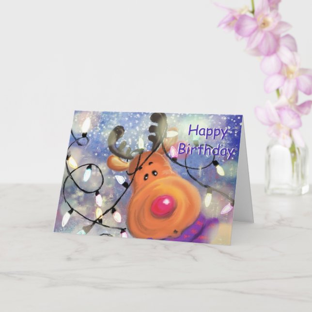 Happy Birthday Card mit Happy Rentier - Funny Karte (Orchidee)