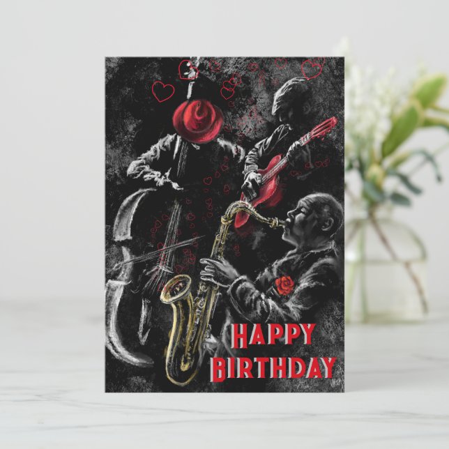 Happy Birthday Card mit Jazz Music Band (Stehend Vorderseite)