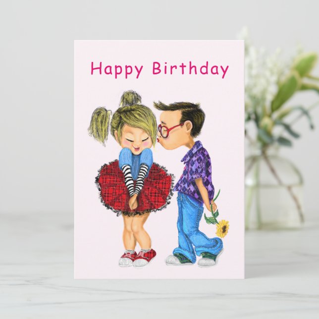 Happy Birthday Card mit Niedlichem Paar (Stehend Vorderseite)