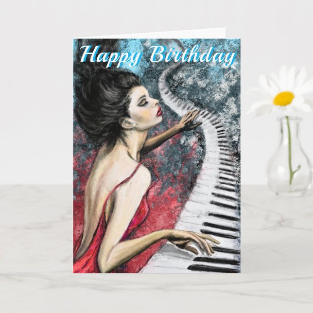 Happy Birthday Card mit Piano Lady in Red Karte (Kleine Pflanze)
