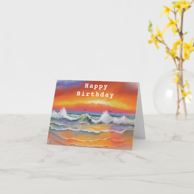 Happy Birthday Card mit Sea Sunset - Malerei Karte (Gelbe Blume)