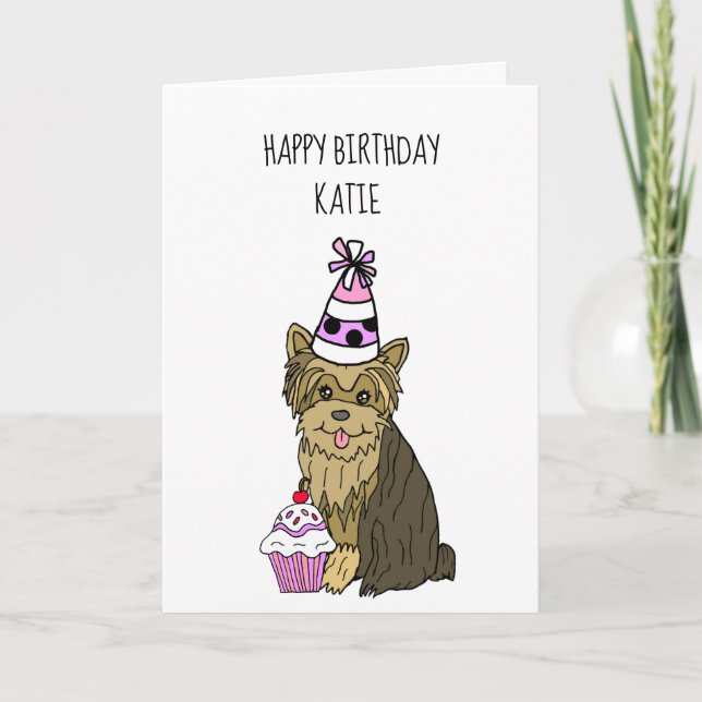 Happy Birthday Card mit Yorkie und Cupcake Karte (Vorderseite)