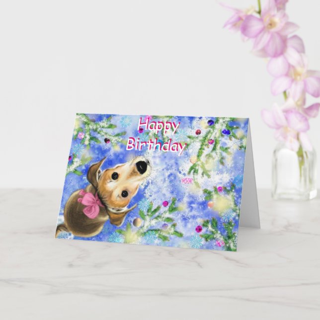 Happy Birthday Card Niedlicher Hund mit rosafarben Karte (Orchidee)