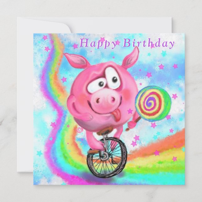 Happy Birthday Card - Piggy Cyclist mit Lollipop (Vorderseite)