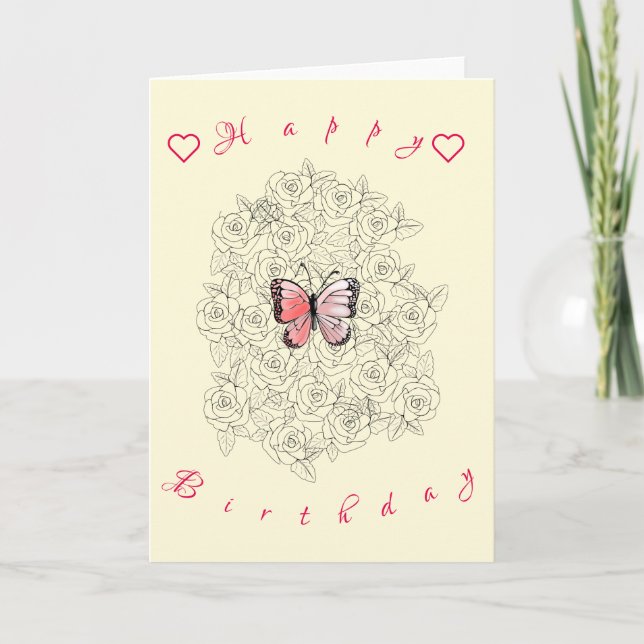Happy Birthday Card Rosa Schmetterling in Rose Karte (Vorderseite)