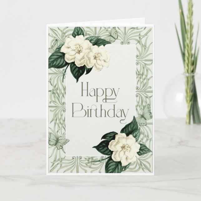 Happy Birthday Card Sage Green und Ivory Florals Karte (Vorderseite)
