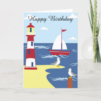 Happy Birthday Card Sailboat and Lighthouse Karte