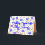 Happy Birthday Card Sister, personalisierbar Karte<br><div class="desc">Vollständig anpassbar,  personalisieren,  Namen hinzufügen,  die Beziehung auf der Vorderseite ändern,  Nachrichten hinzufügen oder ändern. Hübsche Blume und Punkte in Blau,  lila und Orange.</div>