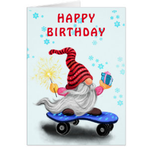 Happy Birthday Card Skater Gnome mit Geschenken