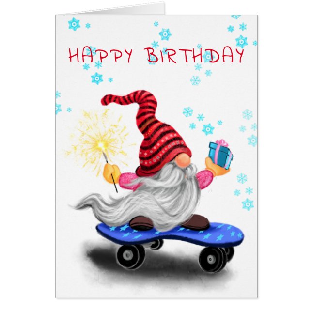 Happy Birthday Card Skater Gnome mit Geschenken (Vorne)
