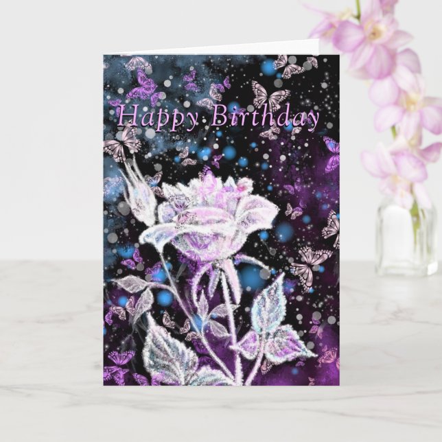 Happy Birthday Card Winter Rose und Schmetterlinge Karte (Orchidee)