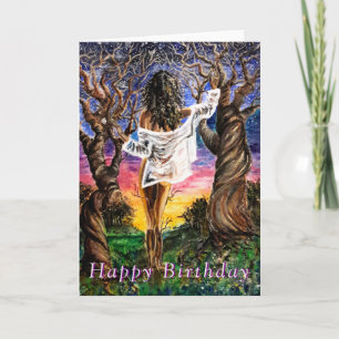 Happy Birthday Card Woman In Nature - Malerei Karte