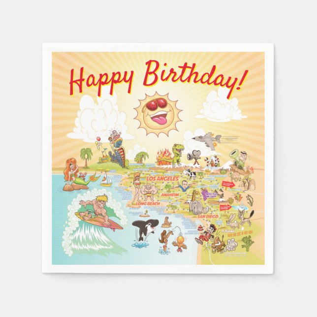 Happy Birthday Cartoon California Paper Napkin Serviette (Vorderseite)