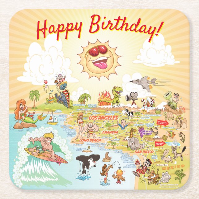 Happy Birthday Cartoon California Square Untersetz Rechteckiger Pappuntersetzer (Vorderseite)