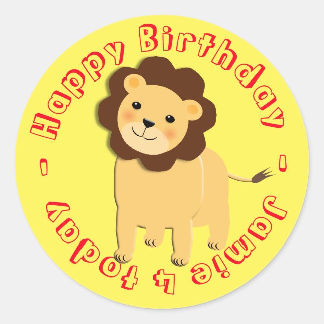 Happy Birthday Cartoon Jungle Lion Personalisiert Runder Aufkleber (Vorderseite)