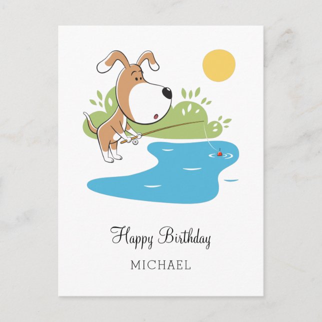 Happy Birthday Cartoon Niedlicher Hund Welpenfang Postkarte (Vorderseite)