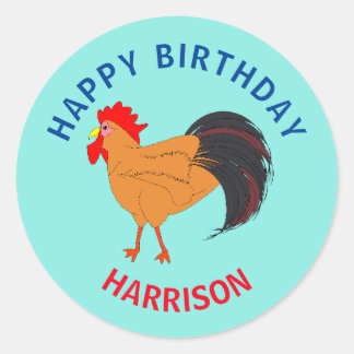 Happy Birthday Cartoon Rooster Runder Aufkleber