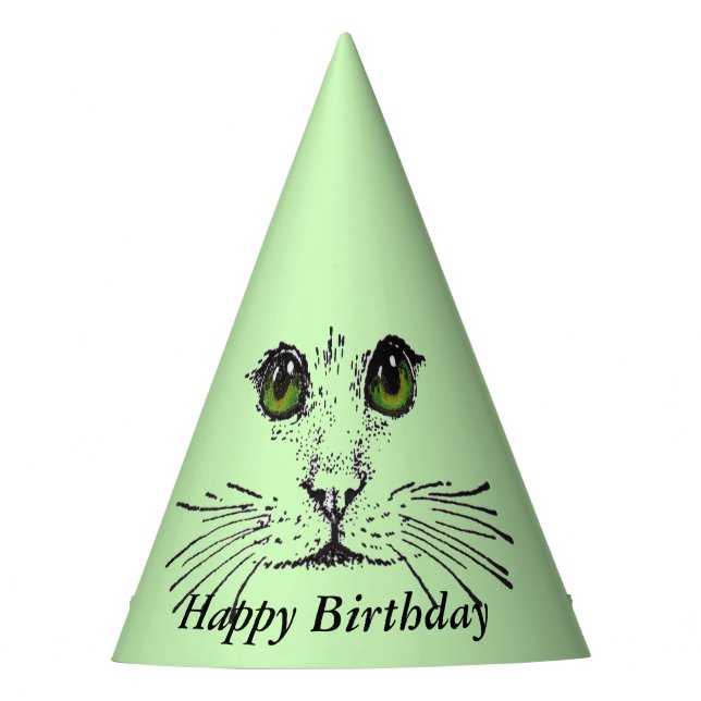 Happy Birthday Cat Face Big Green Eyes Partyhütchen (Vorderseite)