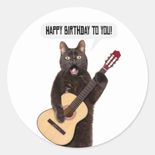 Happy Birthday Cat Gesang und Spiel Gitarre Holi Runder Aufkleber