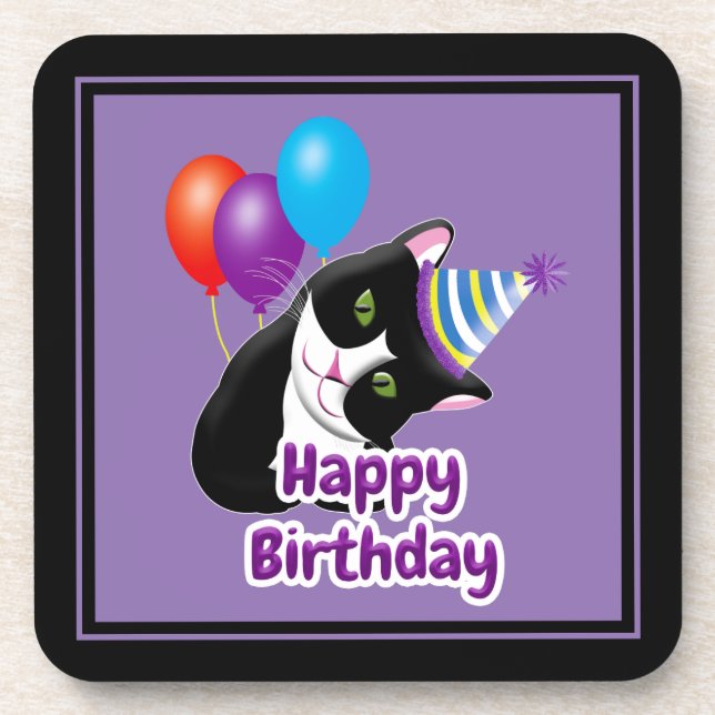 Happy Birthday Cat Getränkeuntersetzer (Vorderseite)