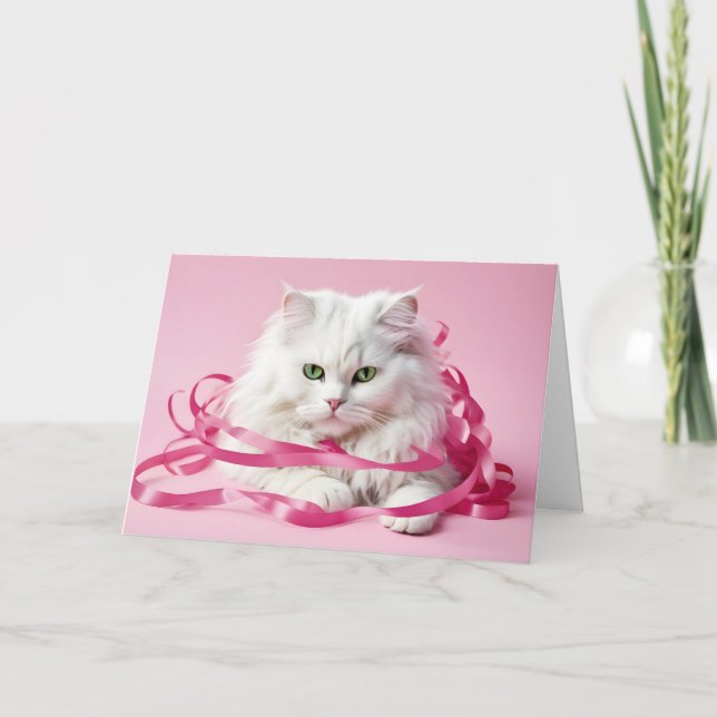 Happy Birthday Cat in Pink Ribbons Karte (Vorderseite)
