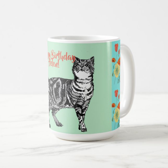 Happy Birthday Cat Orange Poppy Frauen Name Tasse (VorderseiteRechts)