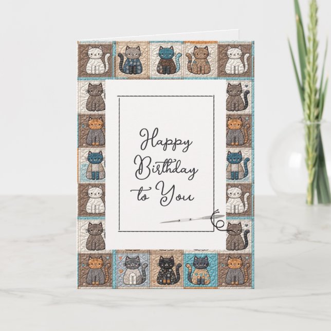 Happy Birthday Cat Quilt Muster mit Nadel Karte (Vorderseite)