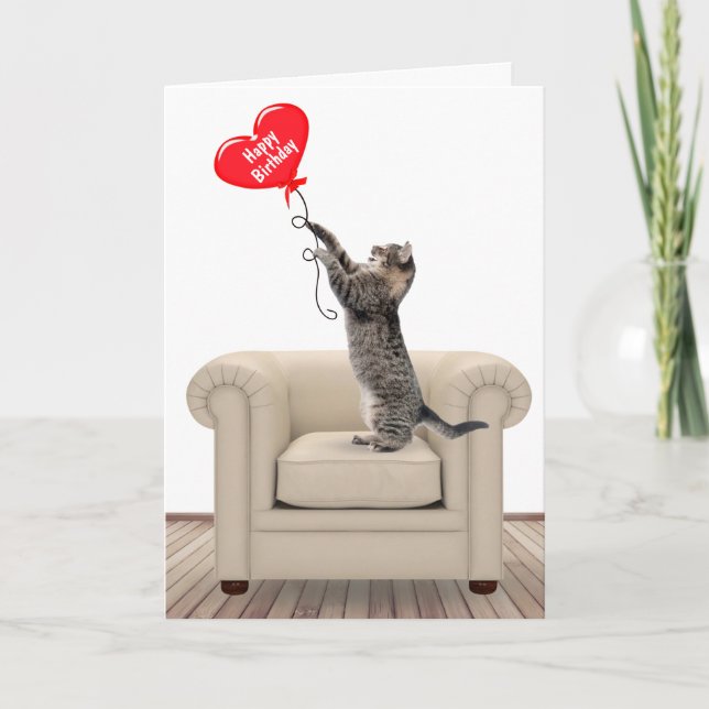 Happy Birthday Cat with Heart Balloon Card Karte (Vorderseite)
