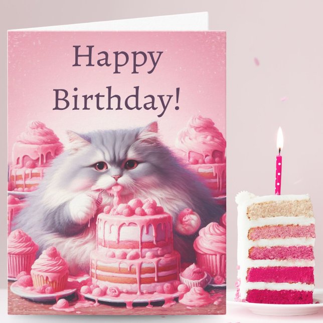Happy Birthday Cat with Pink Cake Karte (Pawsitively Sweet: A Printed Card Featuring a ai artwork  Kitty Munching on Pink Cake)