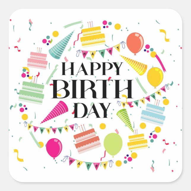 Happy Birthday Celebrations Square Sticker (Vorderseite)