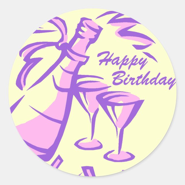 Happy Birthday Champagne Flasche und Brille Runder Aufkleber (Vorderseite)
