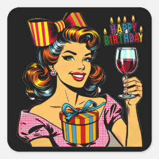 Happy Birthday | Cheers Retro Frau Quadratischer Aufkleber