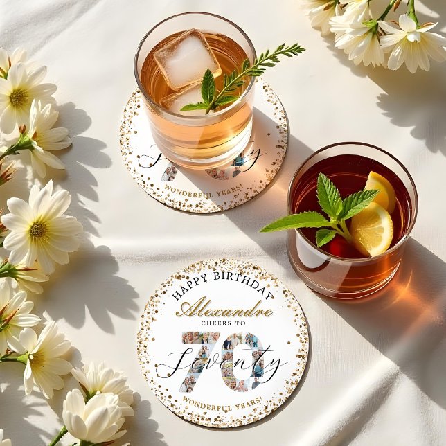  Happy Birthday Cheers To 70 Years Photo Collage Runder Pappuntersetzer (Happy Birthday Cheers To 70 Years Photo Collage Round Paper Coaster)