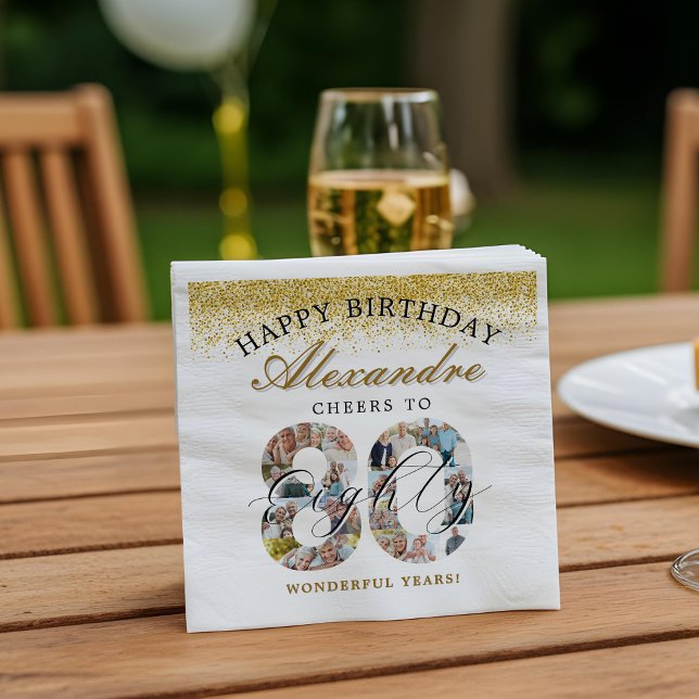 Happy Birthday Cheers To 80 Years Photo Collage Serviette (Happy Birthday Cheers To 80 Years Photo Collage Napkins)