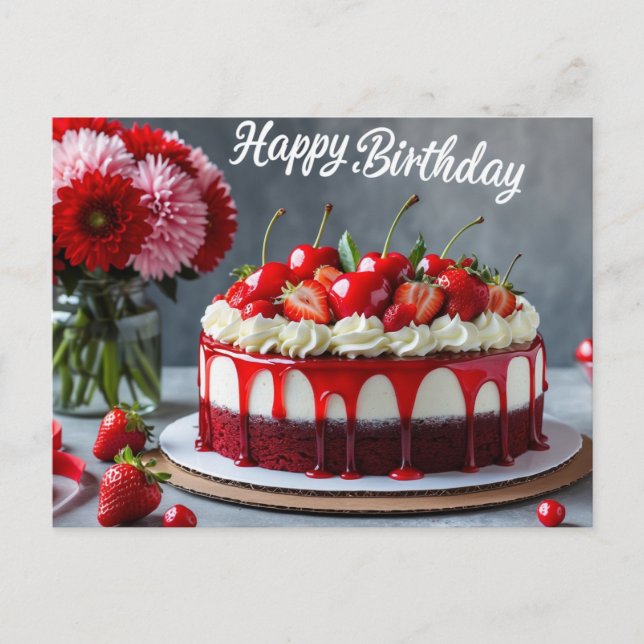 Happy Birthday Cherry Strawberry Cake Postkarte (Vorderseite)