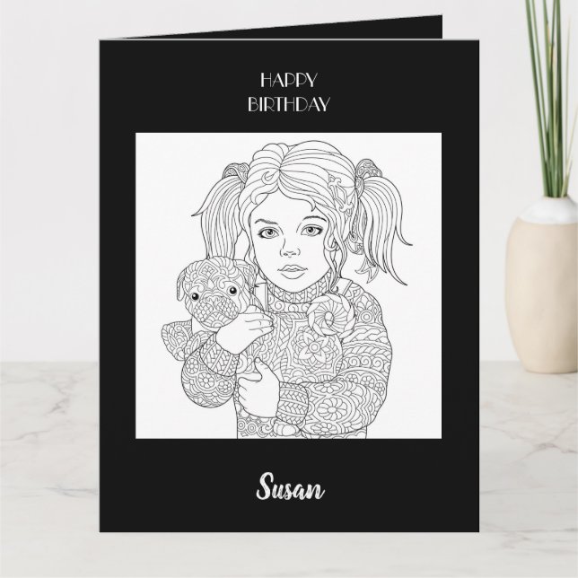 Happy Birthday Child and Dog Coloring Karte (Vorderseite)