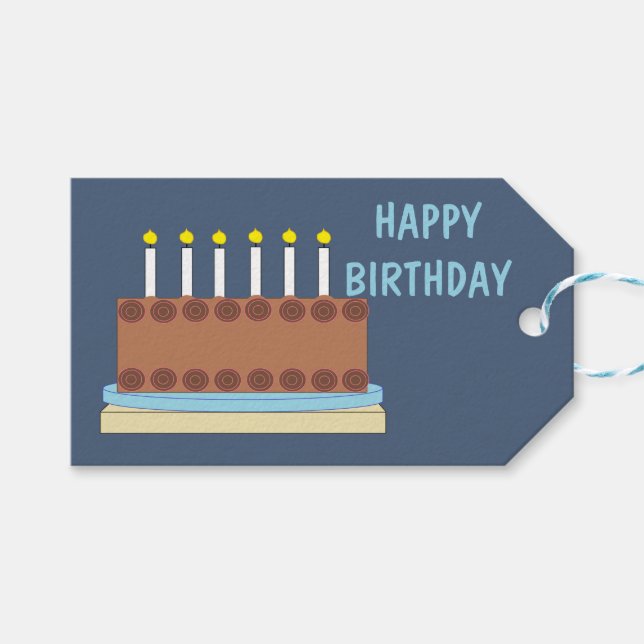 Happy Birthday Chocolate Cake in Blue Gray Geschenkanhänger (Vorderseite (Horizontal))