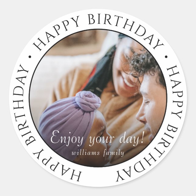 Happy Birthday | Classic Simple Custom Foto Runder Aufkleber (Vorderseite)